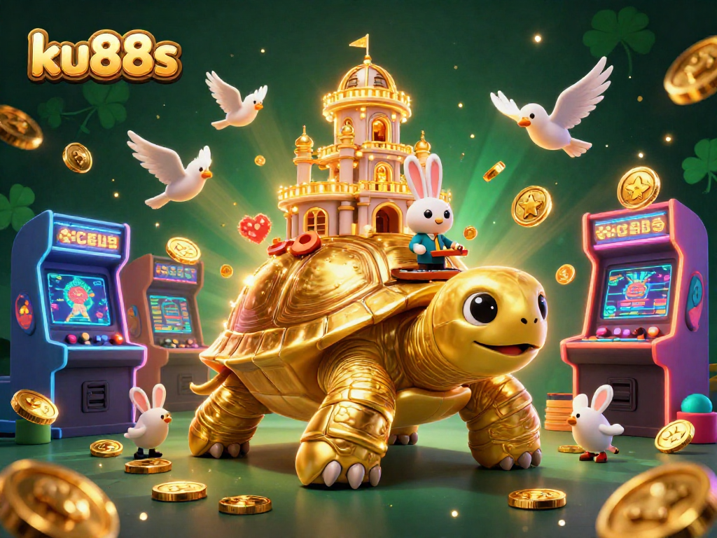 Experience the dynamic world of ku88s with a golden tortoise casino, rabbit dealer, and flying coins!