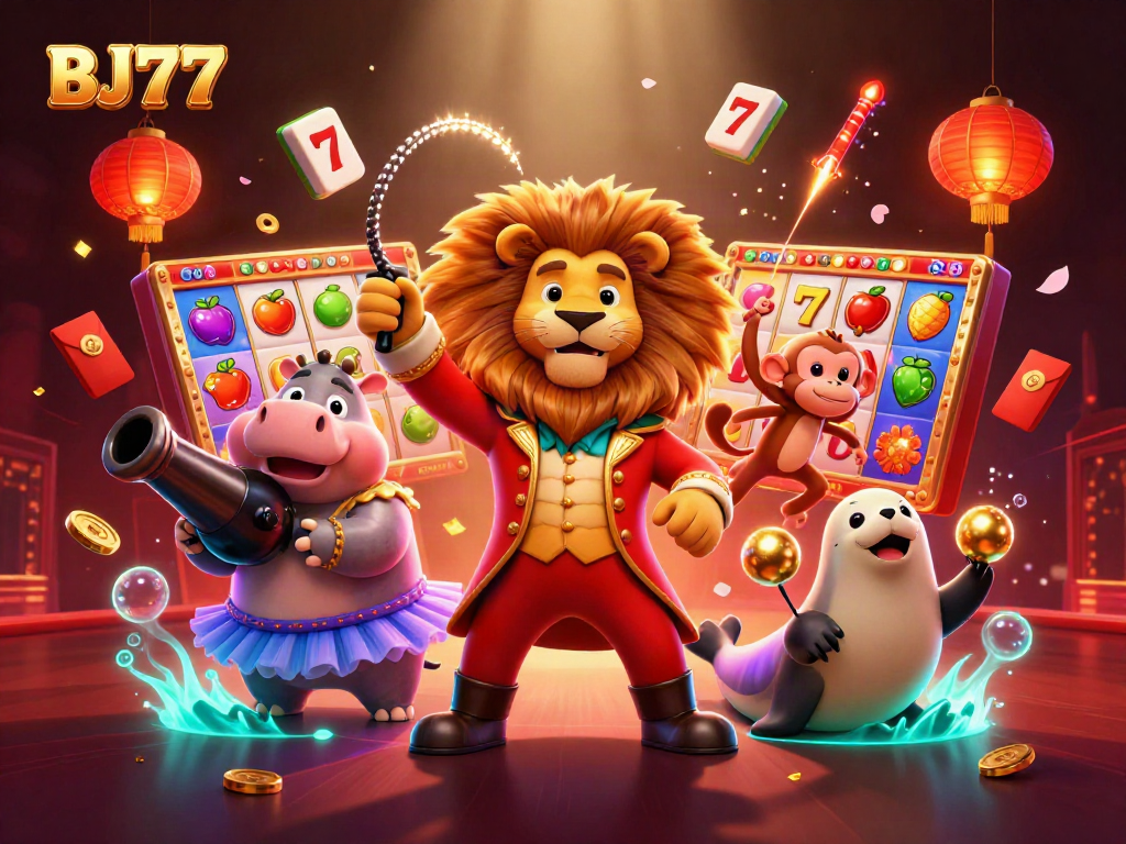 Experience the thrill of BJ77 with a vibrant casino-themed 3D illustration of gaming characters and slot reels.