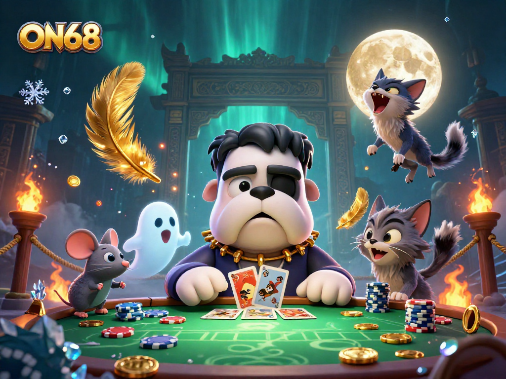 Experience ON68's thrilling gaming scene with vibrant characters and casino action in 3D illustration.