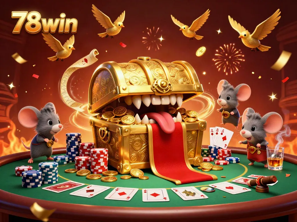 Experience the exciting world of 78win with a cartoon treasure chest and poker elements in a vibrant casino scene.
