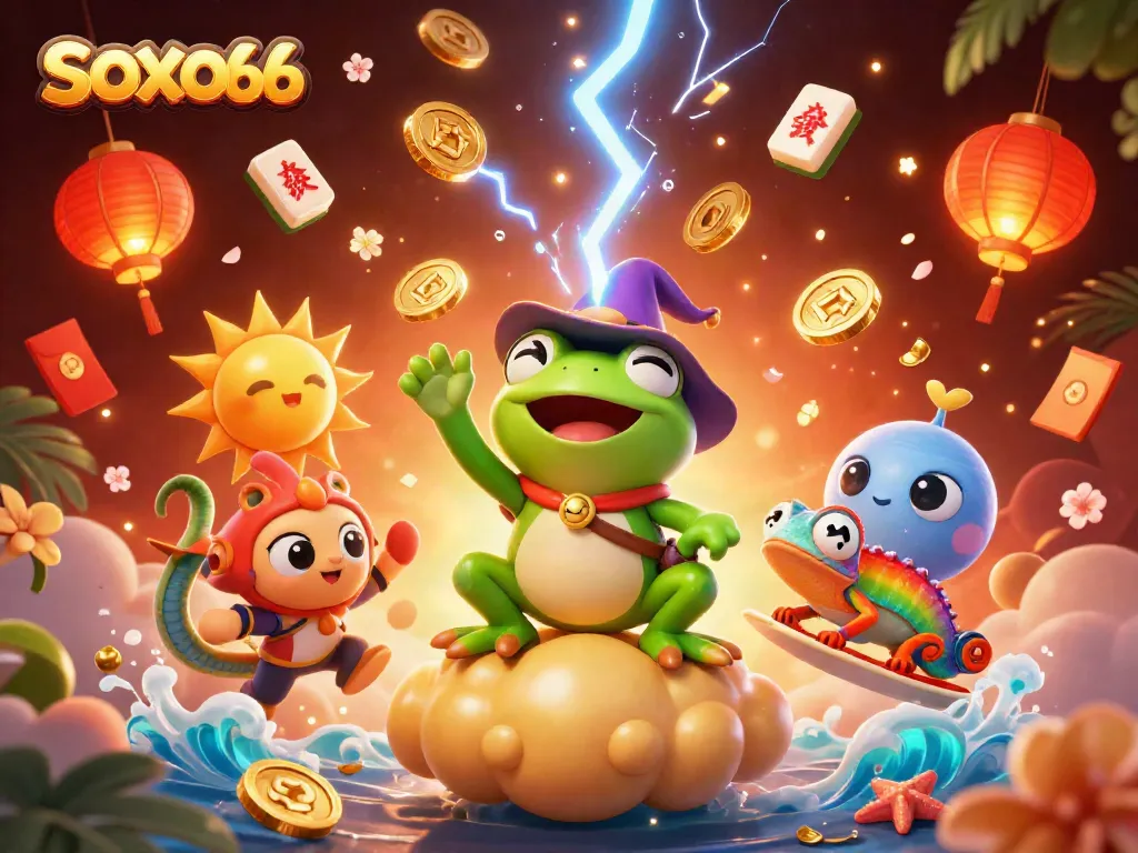 SXO66 showcases an exciting thunderstorm of coins with vibrant characters enhancing the casino experience.