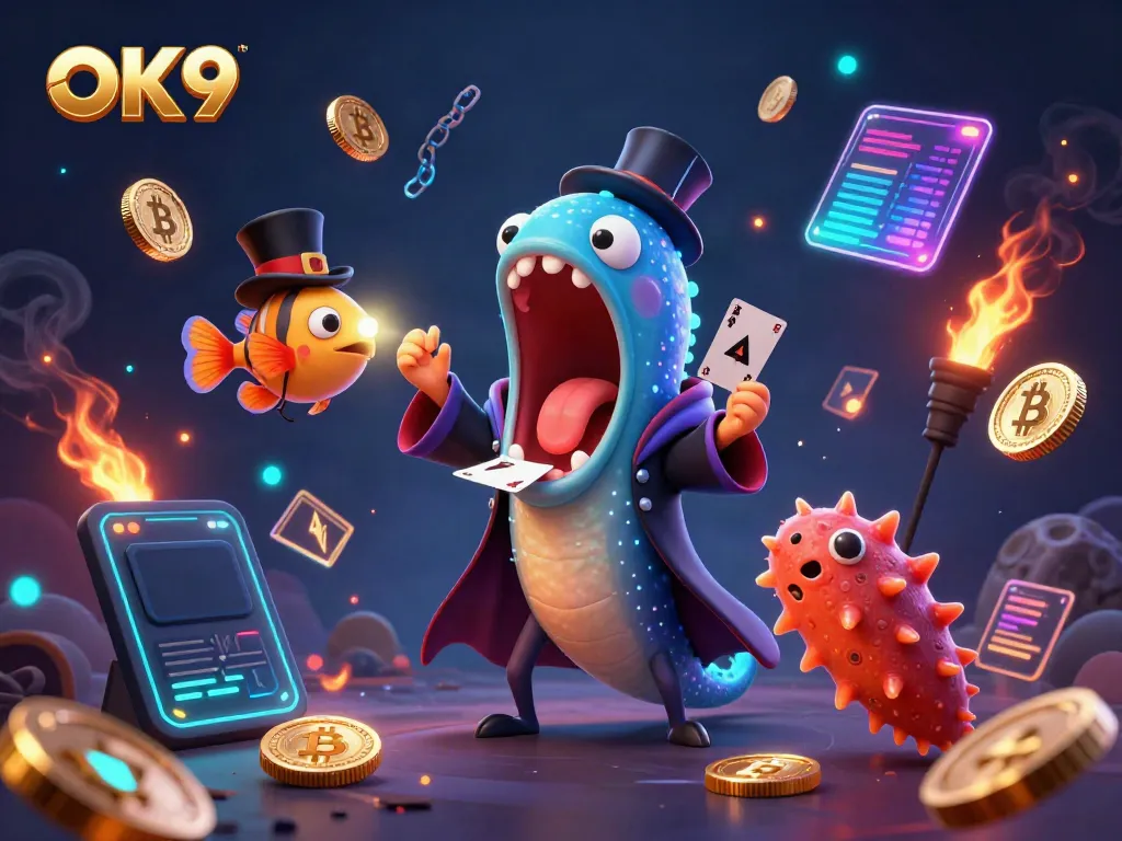 OK9 showcases a vibrant 3D illustration of a deep-sea eel magician and anglerfish captivating players with gambling magic.