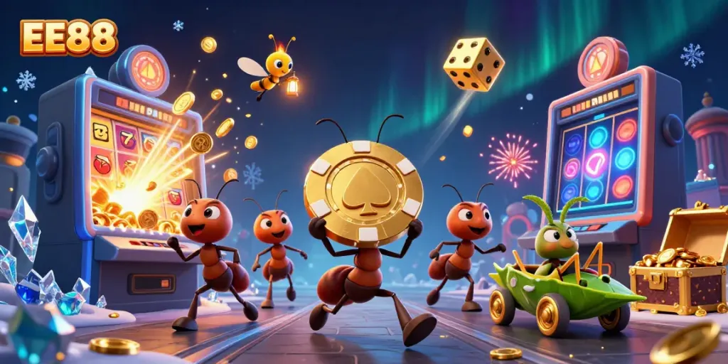 Engage with EE88's vibrant casino world as ants carry a golden poker chip through dynamic gambling scenes.