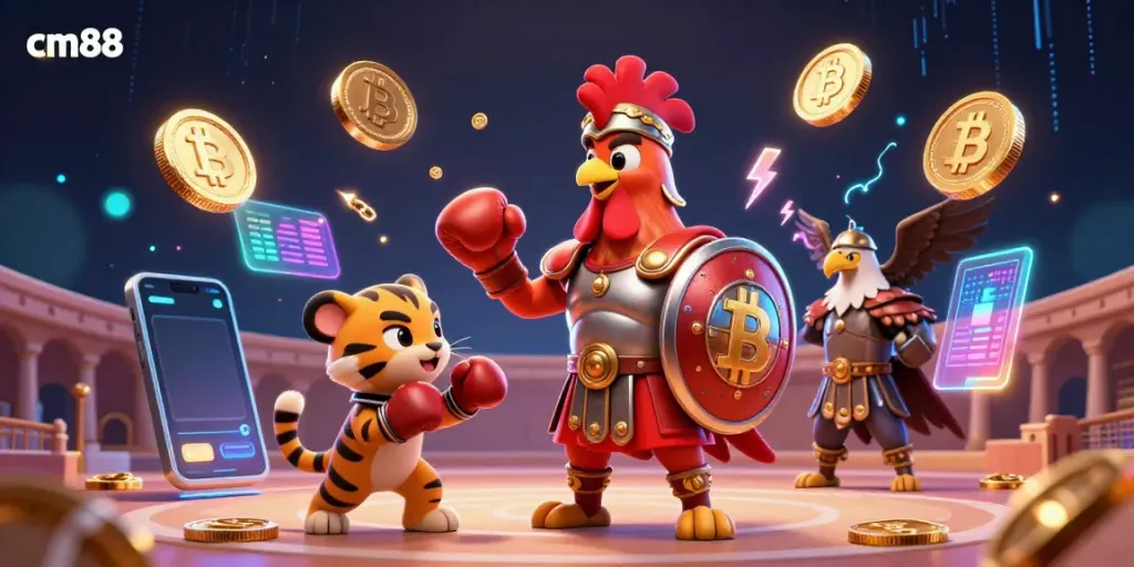 Experience the excitement with cm88, featuring a vibrant scene of a gladiator rooster and tiger cub amidst glowing digital assets.