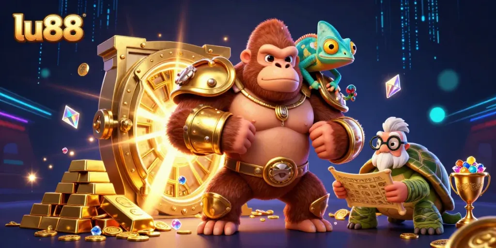 Experience the excitement of gaming at lu88 with our vibrant 3D casino illustration showcasing a gorilla king and treasure.