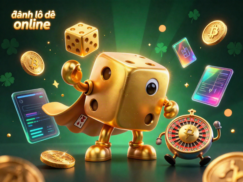 Engage in đánh lô đề online with a dynamic scene featuring a golden dice golem and crypto elements.