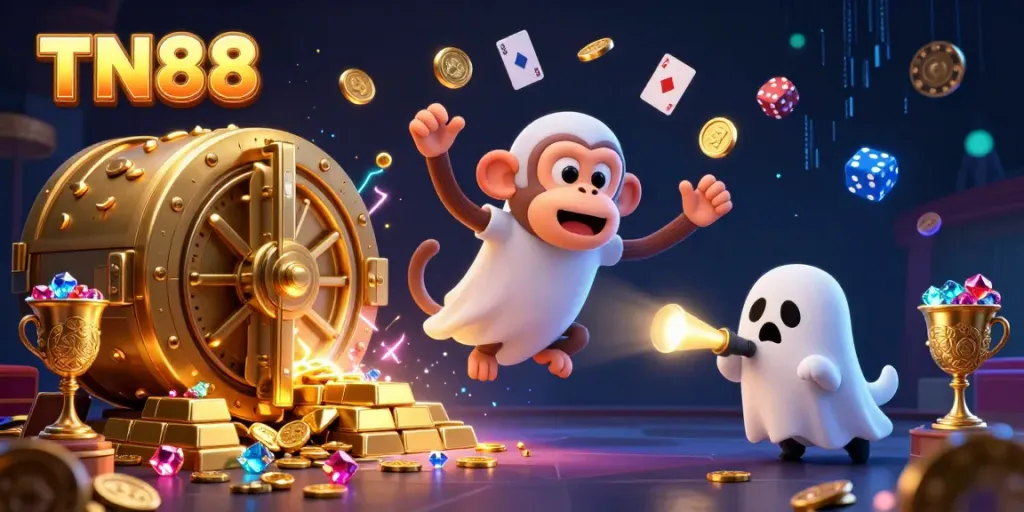 Experience the thrilling TN88 casino scene with a poltergeist monkey and ghost-hunter puppy amid treasures and excitement.