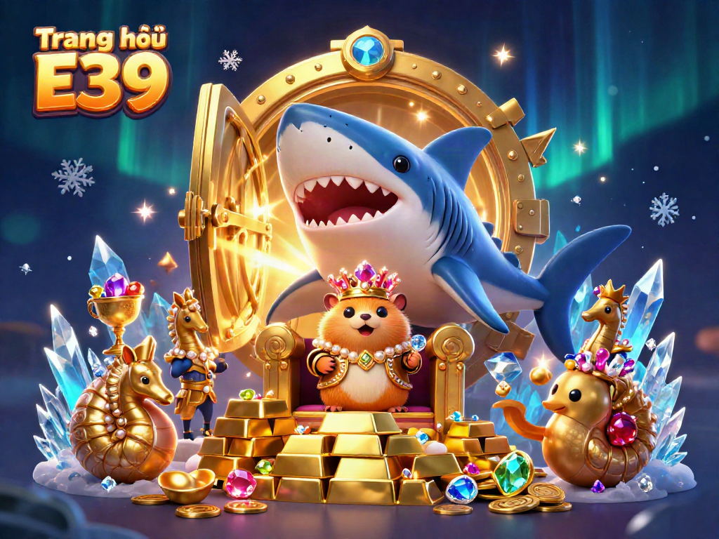 Experience the vibrant excitement of Trang chủ E39 with a majestic hamster king and treasure-filled scene.