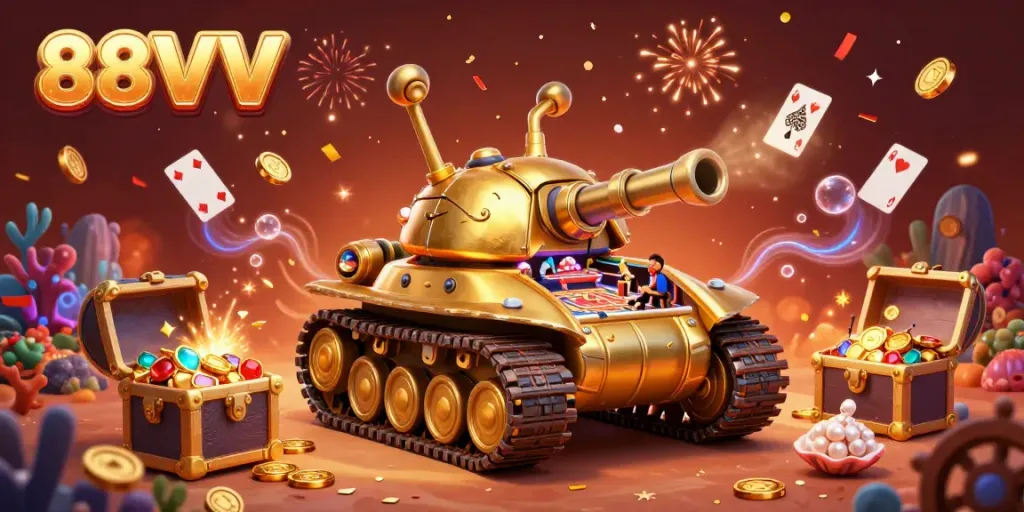 Experience the vibrant gaming action within the 88VV miniature casino inside a golden tank.