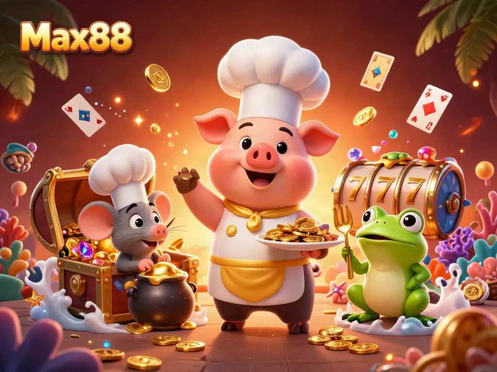 Experience the excitement of Max88 with a vibrant 3D cartoon illustration of a pig chef serving gold coins, capturing the thrill of online gaming.