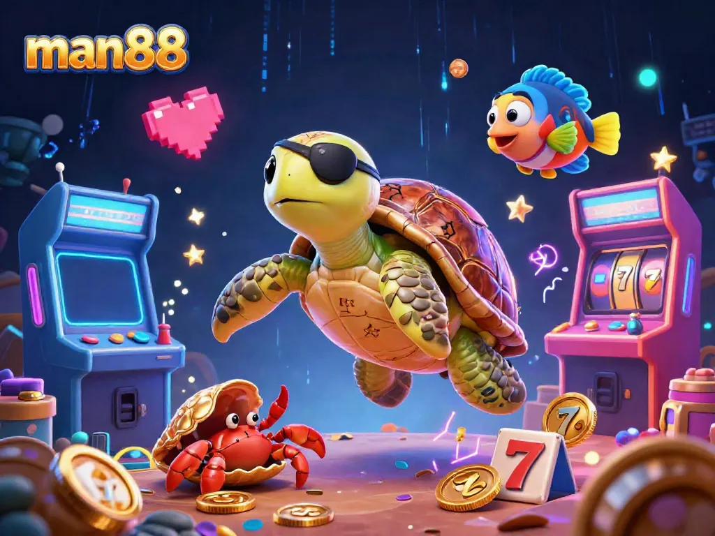 Experience thrilling games at man88 with an exciting 3D scene featuring pirate turtle and treasure.