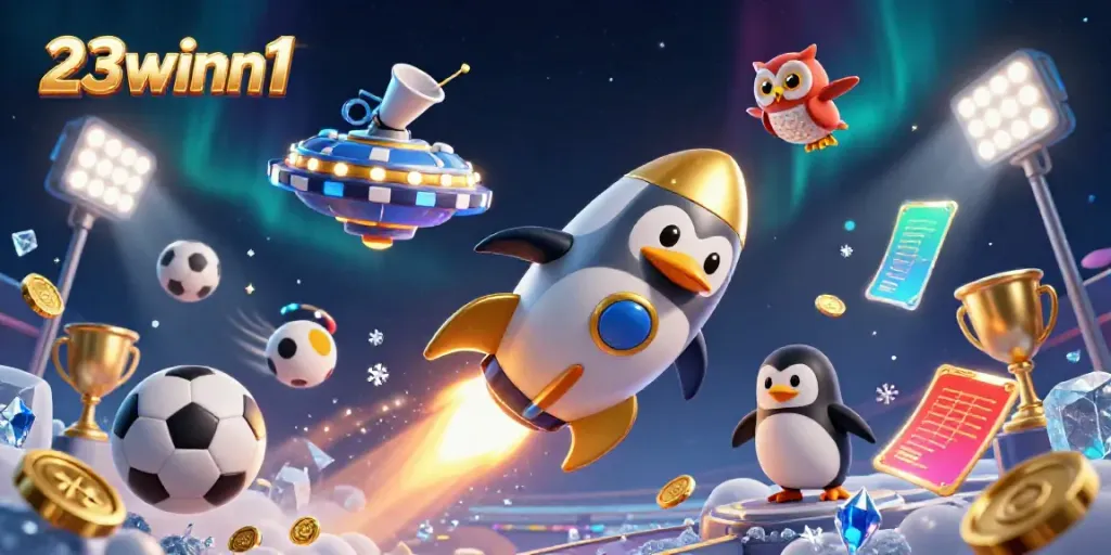 Experience thrilling gaming at 23winn1 with the golden penguin racing through an exciting casino space.