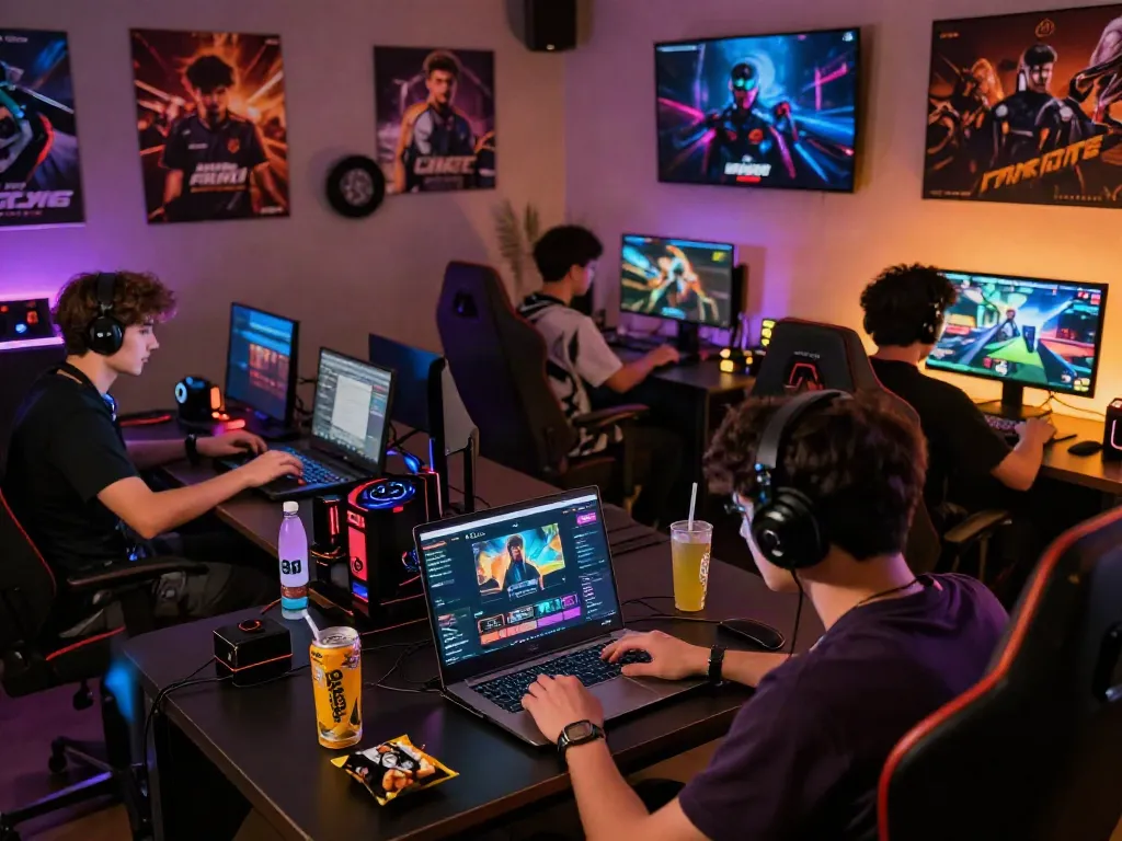 Players enjoying games on Link M88 platform with vibrant lighting and snacks in a dynamic gaming room.