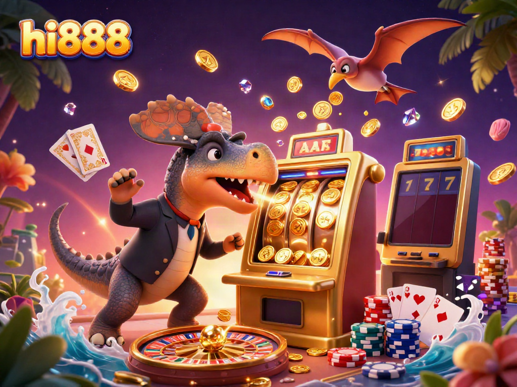 A cartoon scene with hi888 characters winning jackpots at a slot machine, showcasing vibrant casino activities.