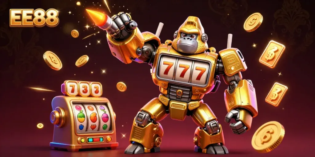 Activate your winning streak with EE88's vibrant 3D casino illustration featuring a dynamic golden gorilla mech.