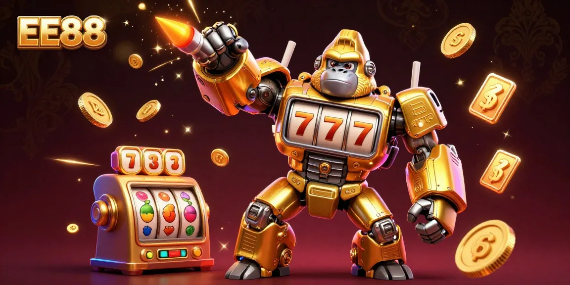 Activate your winning streak with EE88's vibrant 3D casino illustration featuring a dynamic golden gorilla mech.