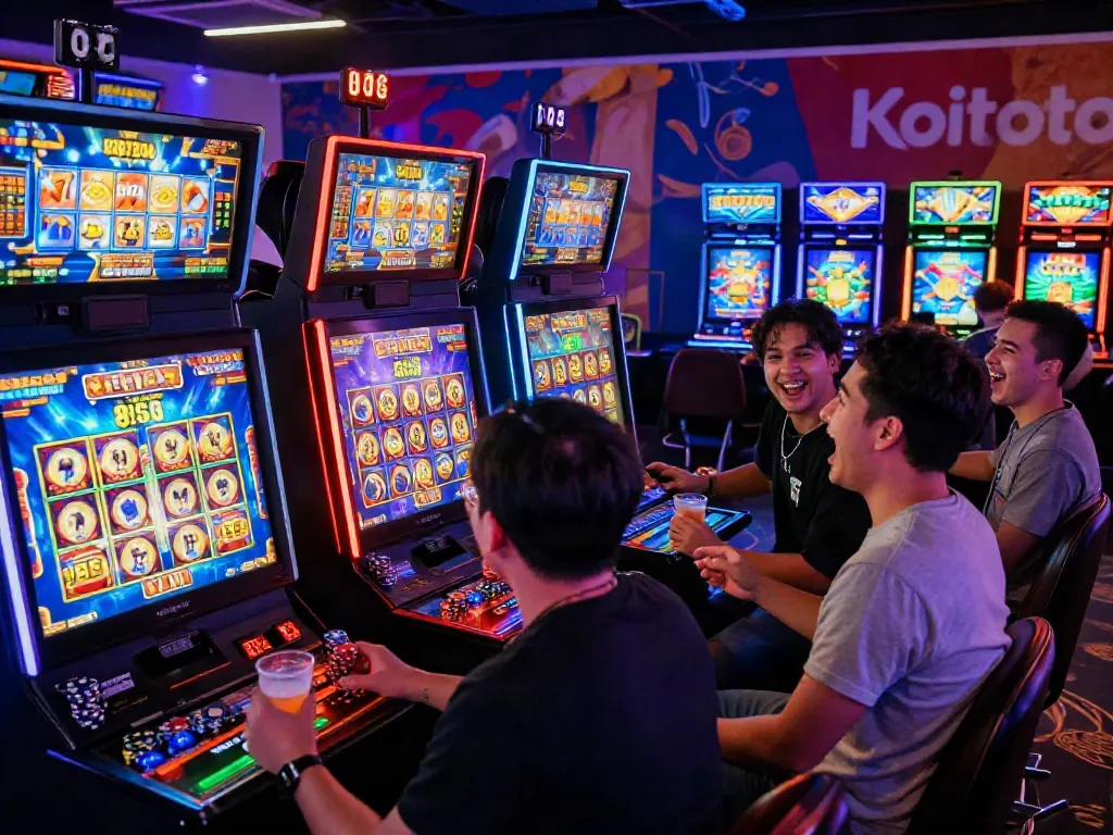 Koitoto online gaming players enjoying vibrant slot machine experience in a lively casino atmosphere.