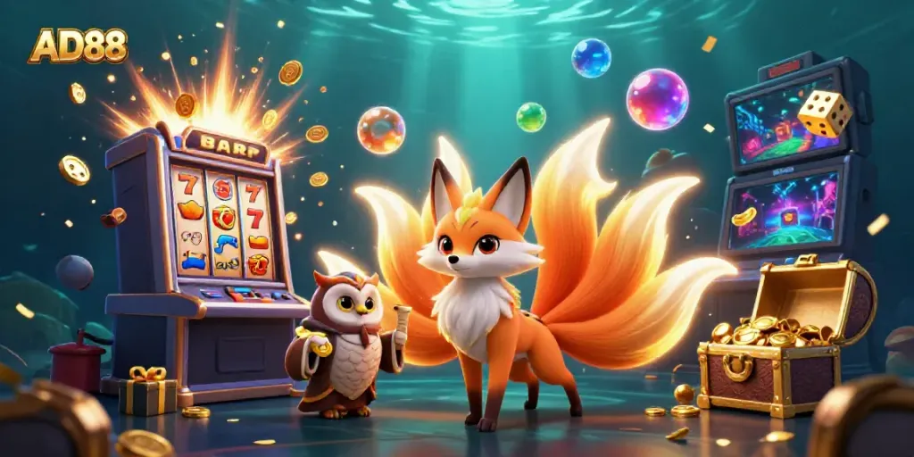 Engage with AD88's vibrant gaming atmosphere, featuring colorful characters and dynamic slot elements.