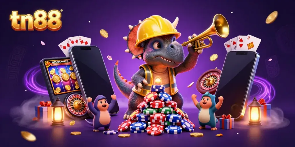 Engage in thrilling casino action with tn88 and colorful gaming elements in an imaginative scene.