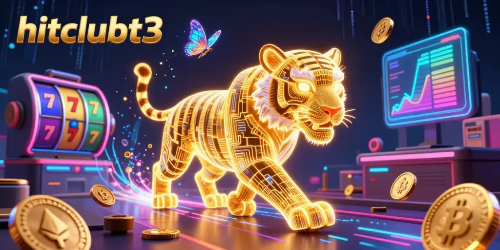 Experience hitclubt3's immersive digital casino, featuring a neon tiger and crypto coins.