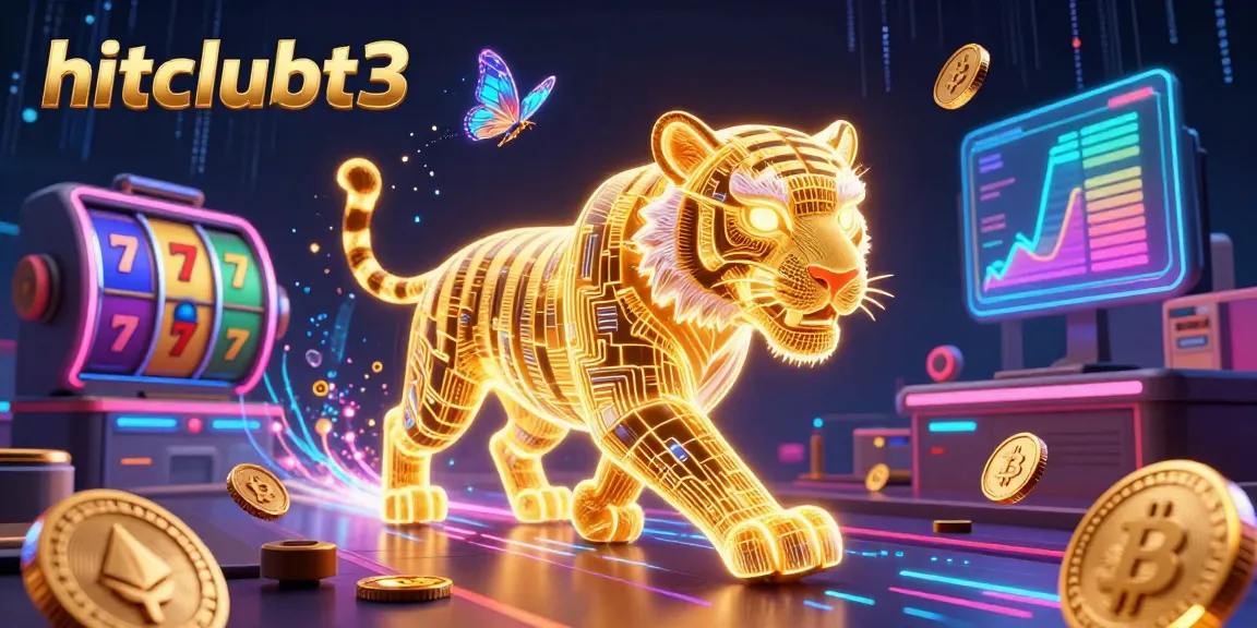 Experience hitclubt3's immersive digital casino, featuring a neon tiger and crypto coins.