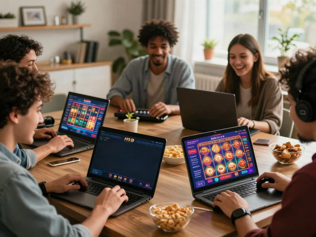 Enthusiastic players enjoying H19 com online gaming on their devices in a vibrant living room.