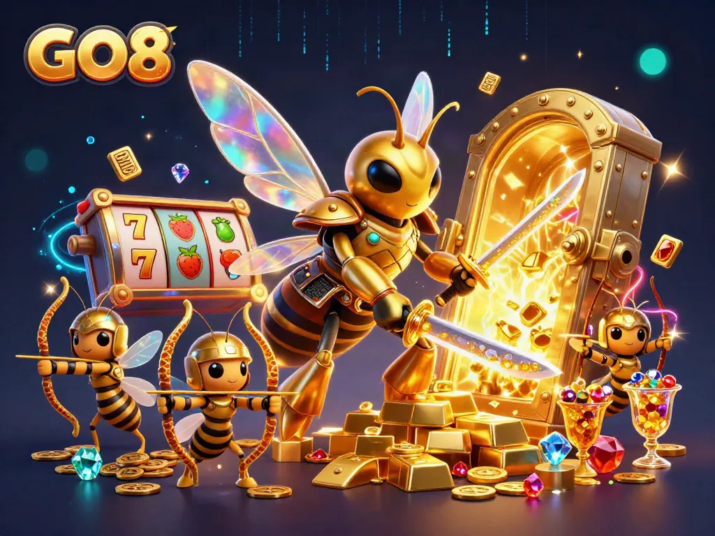 GO8 themed dynamic illustration featuring a giant hornet and bee archers engaging in vibrant casino activities.