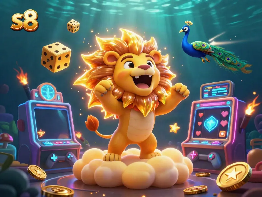 S8 gaming scene with a roaring lion, golden dice, and vibrant slot machines for online betting excitement.
