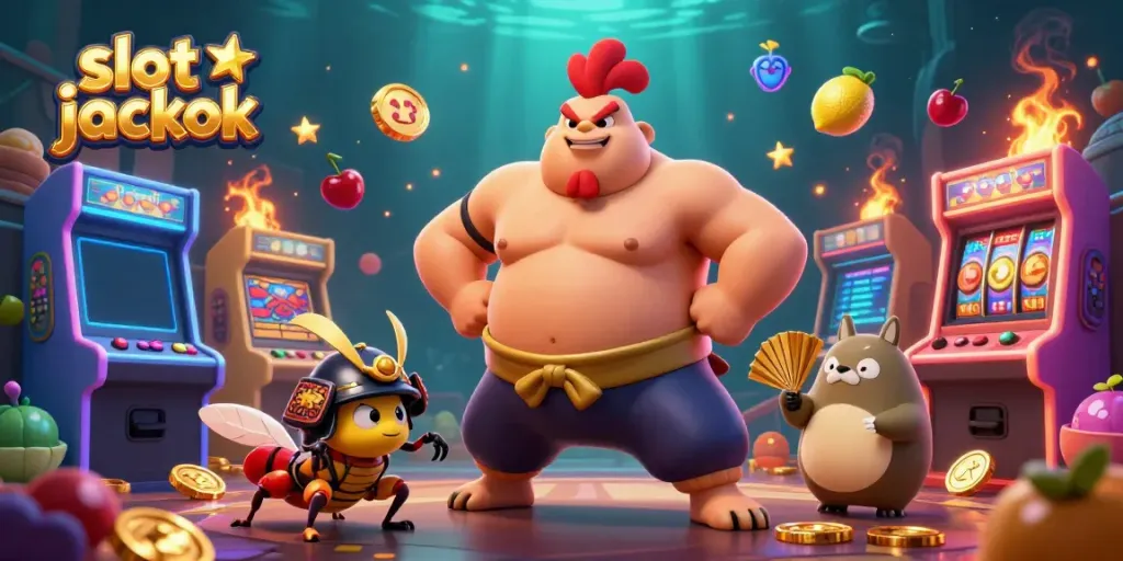 Menangkan slot jackpot dengan karakter lucu dan permainan arcade berwarna-warni dalam ilustrasi 3D.