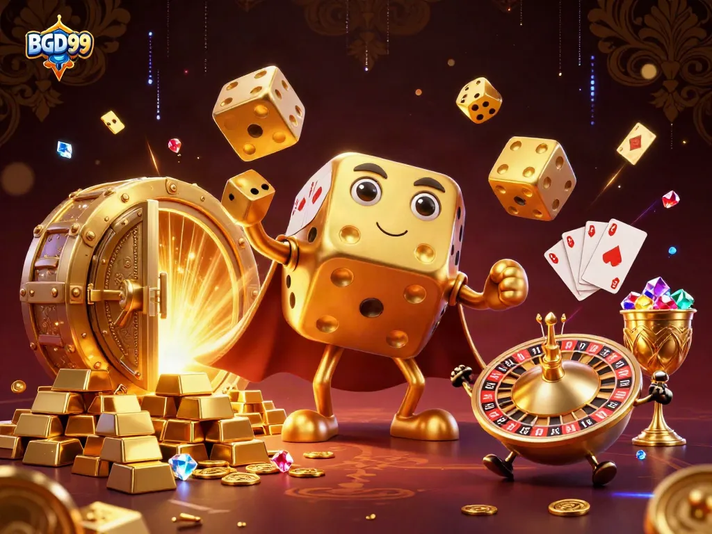 Experience excitement with BGD99's gaming scene featuring golden dice, treasure, and casino elements.