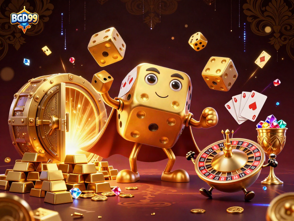 Experience excitement with BGD99's gaming scene featuring golden dice, treasure, and casino elements.