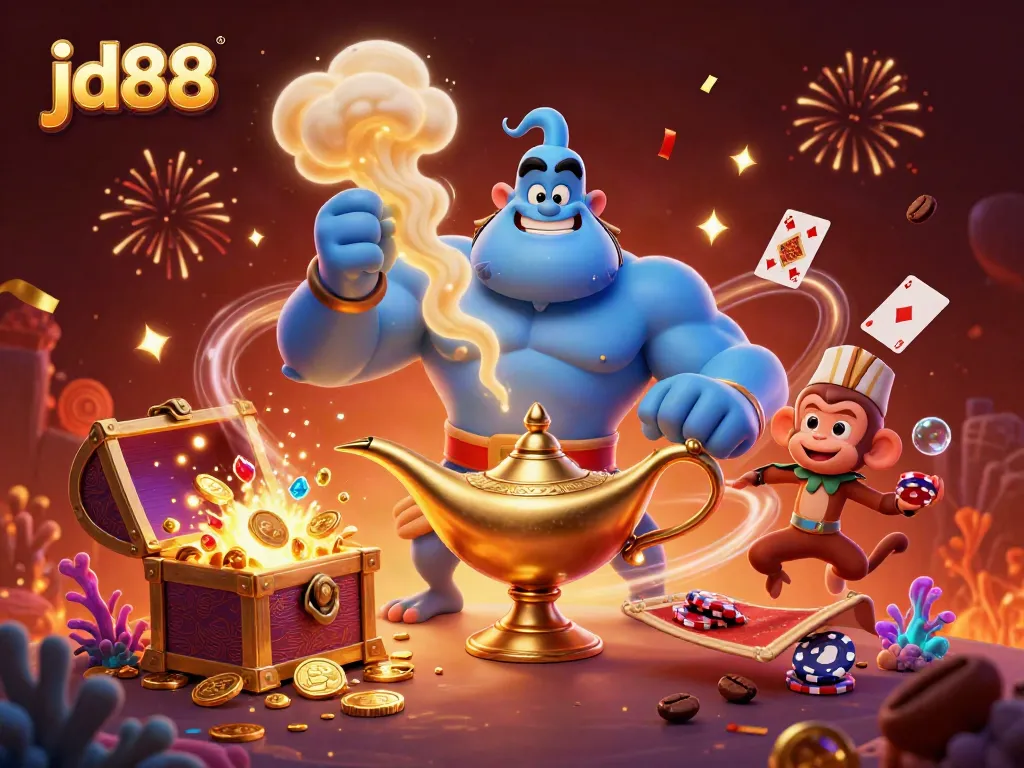Experience exciting wins at jd88 with a dynamic 3D illustration of casino gaming, showcasing vibrant characters and festive decorations.