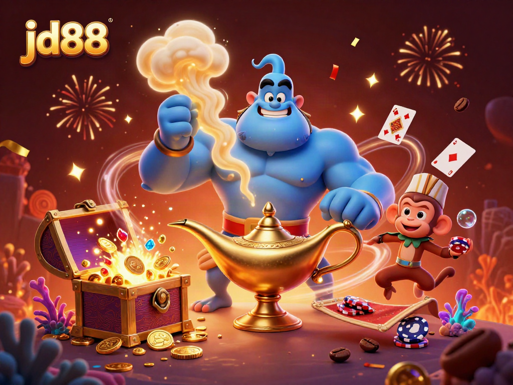 Experience exciting wins at jd88 with a dynamic 3D illustration of casino gaming, showcasing vibrant characters and festive decorations.