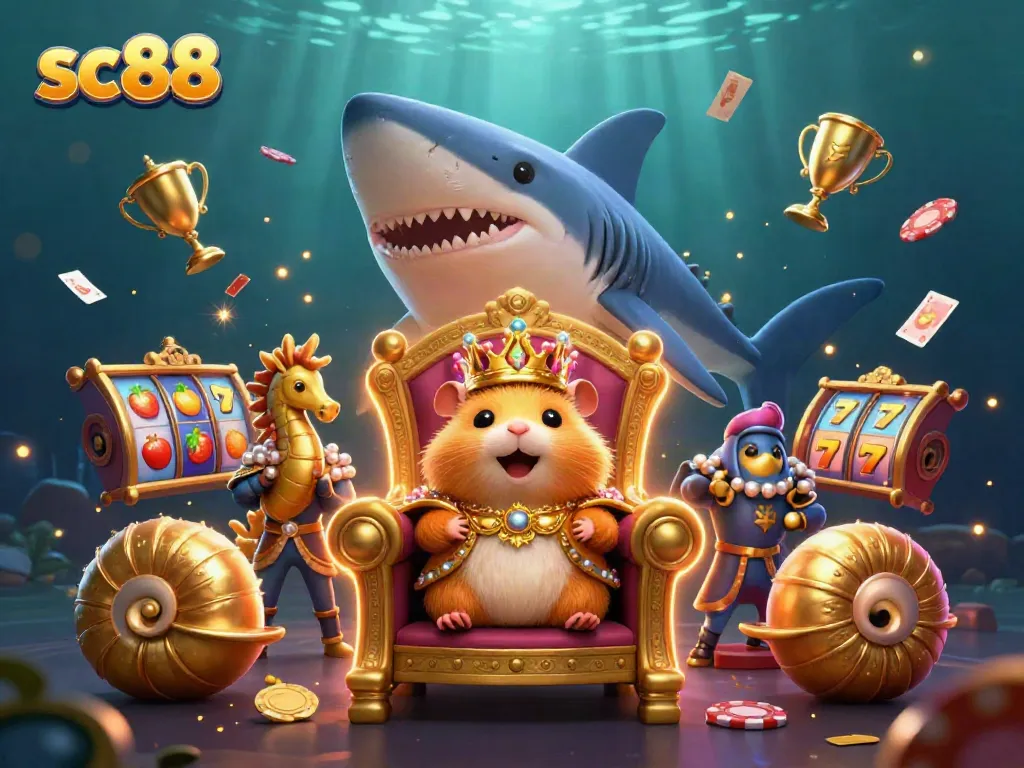 Join the exciting gaming world of sc 88 with a dynamic scene of a golden hamster king atop a megalodon throne.