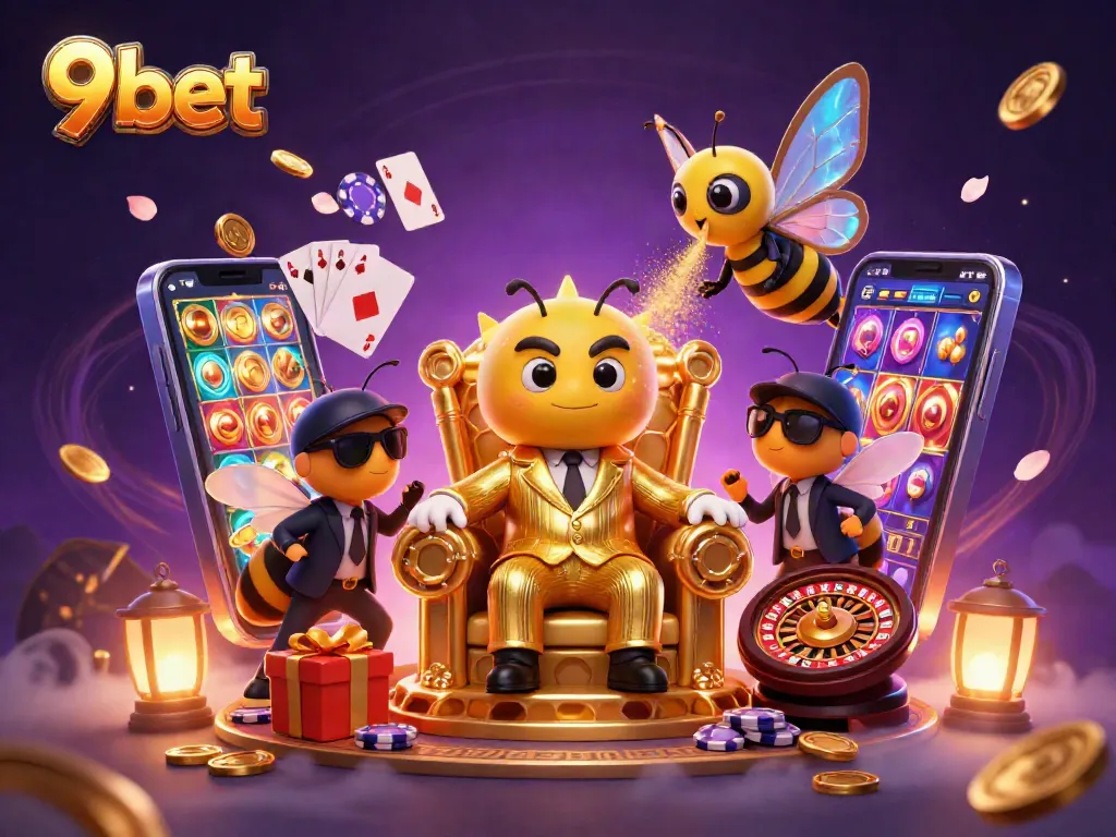 Engage with 9bet's thrilling casino experience amidst dynamic gaming elements and vibrant characters.