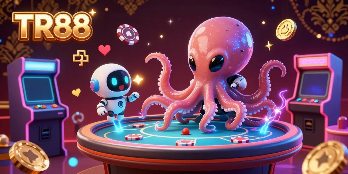 Engage in the vibrant world of TR88 with an alien octopus at a holographic poker table, surrounded by gaming elements.