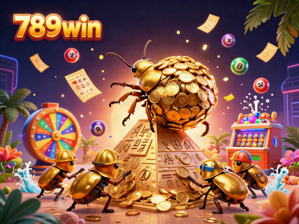Experience the excitement of 789win with a golden dung beetle and vibrant lottery elements in a dynamic casino scene.