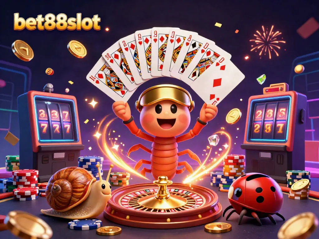 Engage with exciting bet88slot action featuring a millipede dealer and high-roller snail amidst vibrant casino elements.