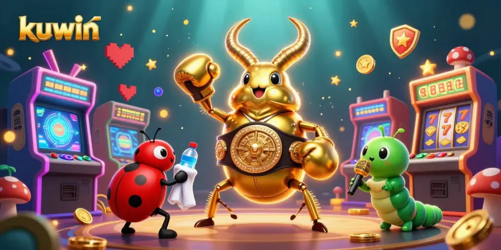 Kuwin showcases a giant stag beetle boxing champion in a vibrant casino scene full of games.