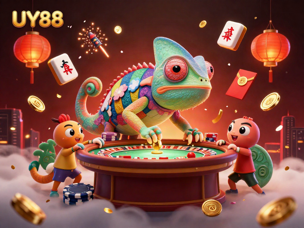 Experience the vibrant gaming world of UY88 with dynamic casino elements and colorful characters.