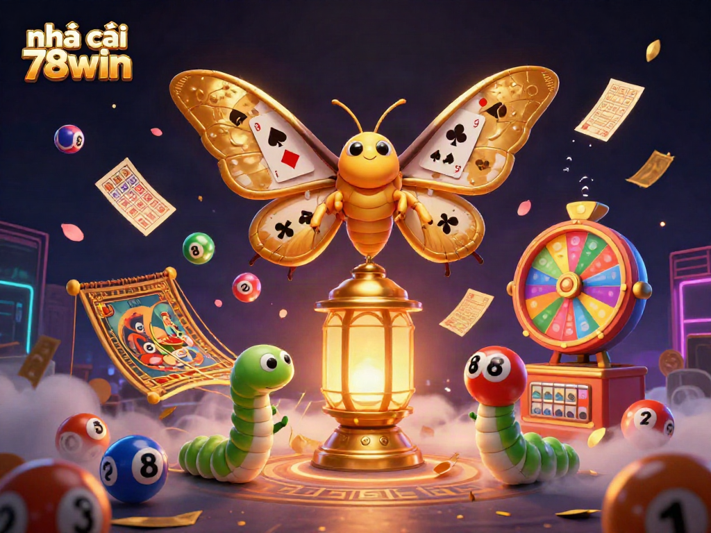 Engaging scene depicting the vibrant world of nhà cái 78win with dynamic lottery elements and a golden moth mascot.