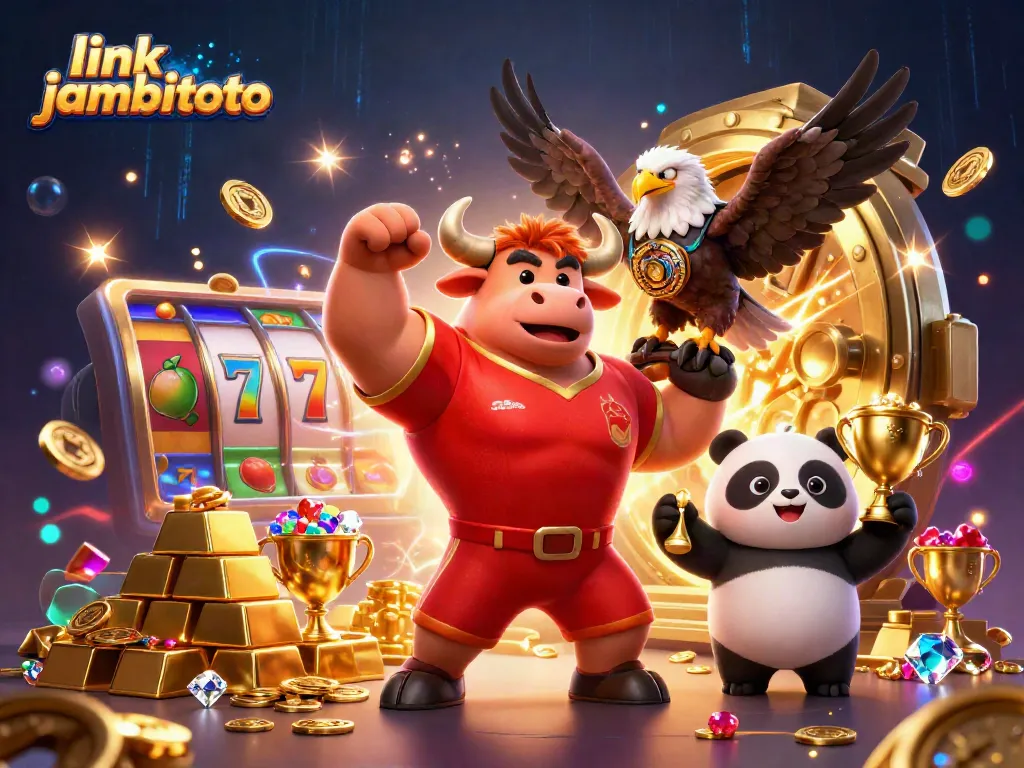 The dynamic scene captures the excitement of link jambitoto with a victory pose by a bull mascot amidst slot-themed symbols and treasures.