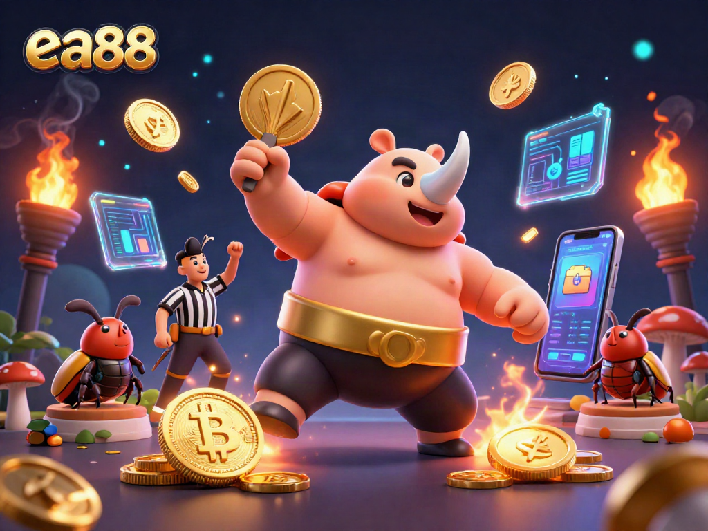 Win at ea88 with a powerful rhinoceros beetle champion amidst golden coins and crypto elements.