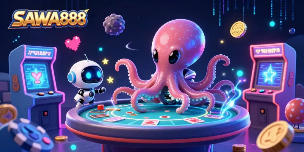 Engage with SAWA888 in a cosmic casino realm with a spaceship octopus dealing poker at a vibrant holographic table.