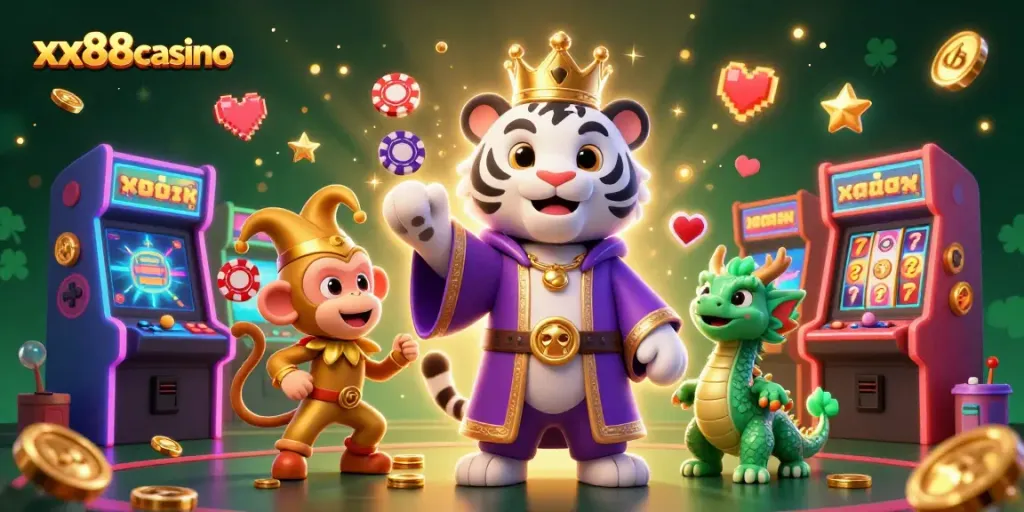 Experience the excitement of xx88casino with a vibrant 3D illustration of a regal tiger and playful monkey juggling casino treasures.