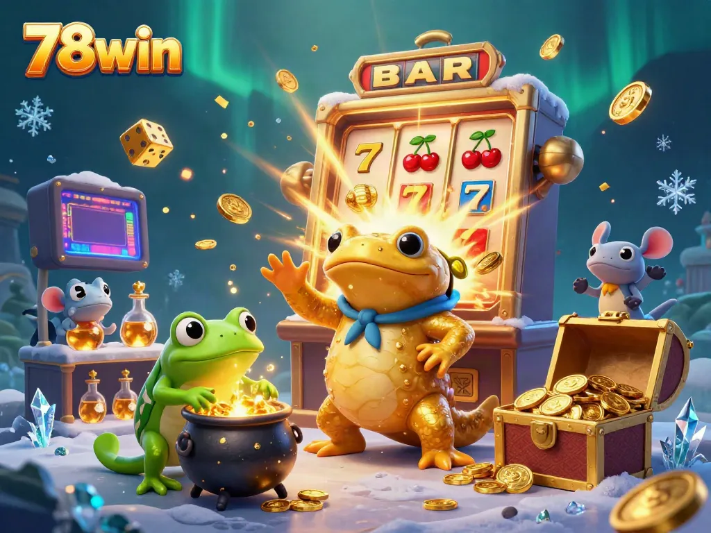 Experience thrilling gameplay with 78win's vibrant casino scene bursting with slot symbols and gold.