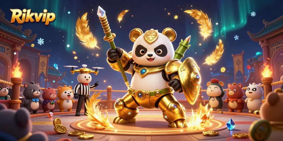 Engage in immersive gaming at Rikvip with a vibrant arena filled with cheerful characters and dynamic elements.