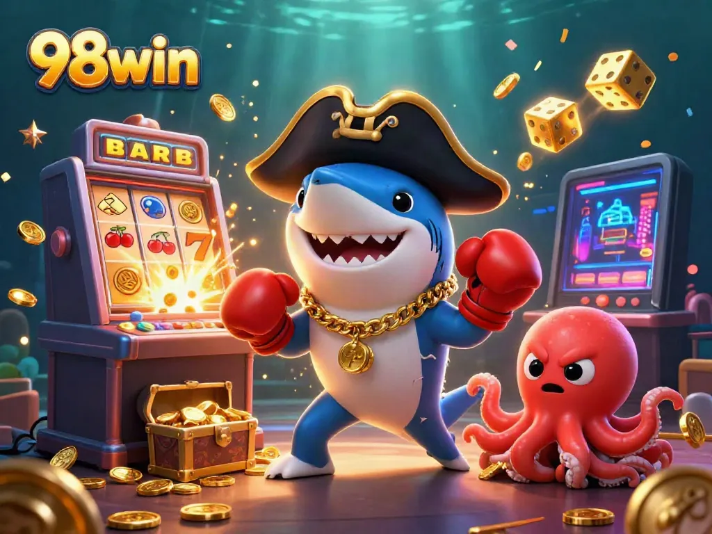 Experience the thrill of 98win with a dynamic underwater scene featuring a shark, pufferfish, and octopus among casino elements.