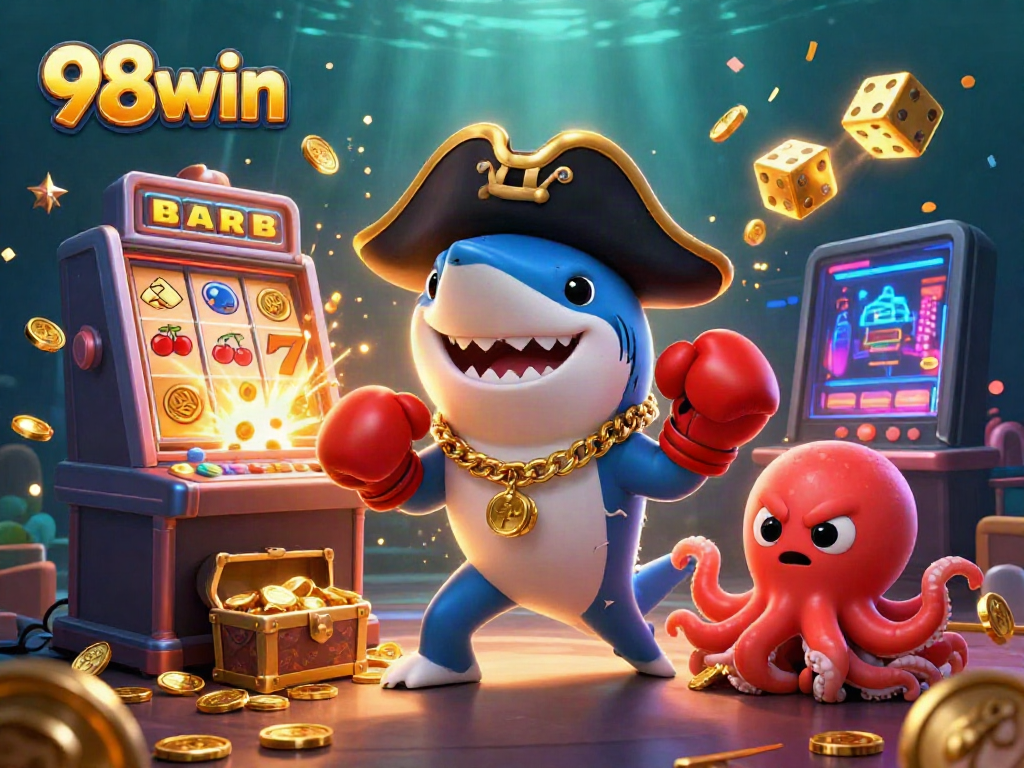 Experience the thrill of 98win with a dynamic underwater scene featuring a shark, pufferfish, and octopus among casino elements.