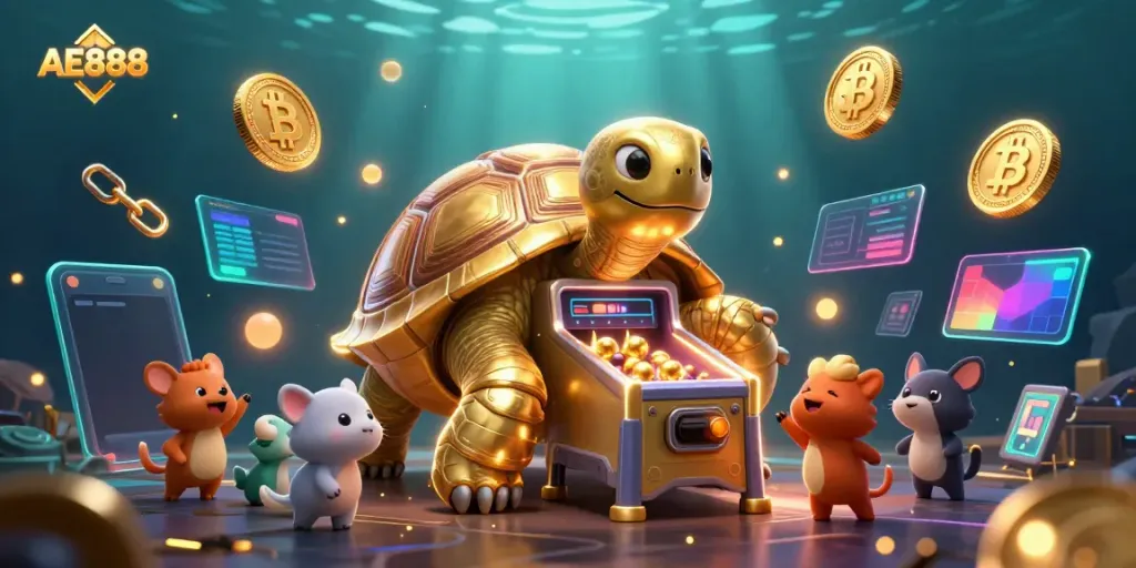Play exciting games with AE888 in an energetic casino scene featuring a golden tortoise pinball machine.